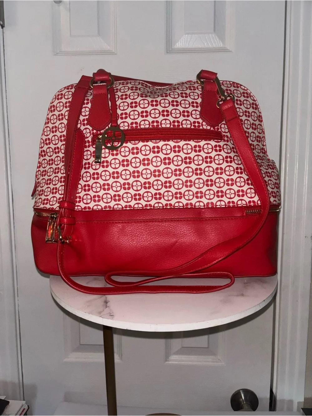 IMAN Red and White Patterned Shoulder Satchel